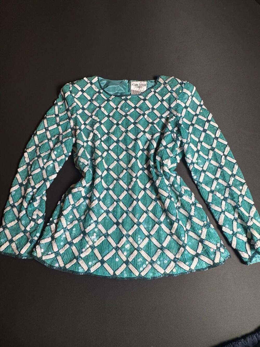 Joan Leslie  Vintage Beaded & Sequined 100% Silk Lattice Pattern Long Sleeve